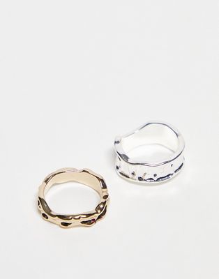 Topshop 2 pack textured rings in silver and gold-Multi
