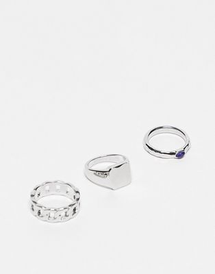 Topshop 3 pack chain stone mix chunky ring in silver