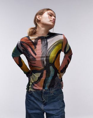 Topshop abstract art crinkle high neck long sleeve top in multi
