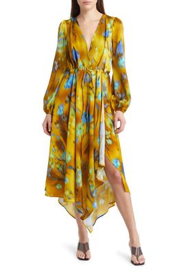 Topshop Abstract Floral Asymmetric Long Sleeve Satin Dress in Multi