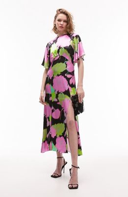 Topshop Abstract Floral Flutter Sleeve Satin Dress in Multi Pink