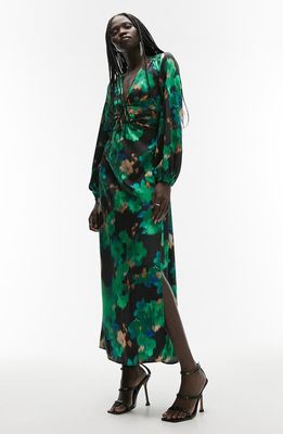Topshop Abstract Floral Long Sleeve Satin Maxi Dress in Mid Green