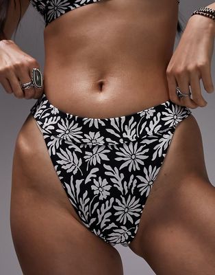 Topshop abstract floral tanga bikini bottoms in monochrome-Black