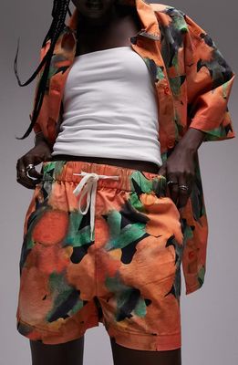 Topshop Abstract Print Drawstring Cotton Shorts in Orange