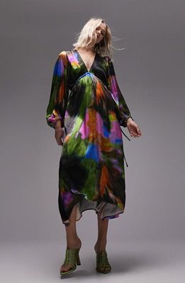 Topshop Abstract Print Long Sleeve Satin Midi Dress in Multi