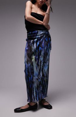 Topshop Abstract Print Plissé Wrap Maxi Skirt in Mid Blue