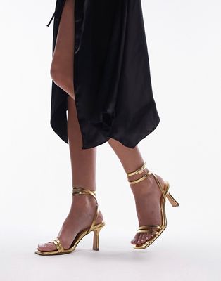 Topshop Alex mid heel sandals with ankle tie in gold