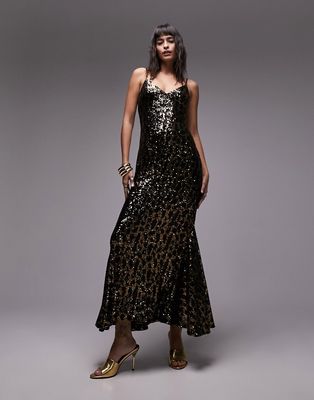 Topshop animal sequin maxi dress in black and gold