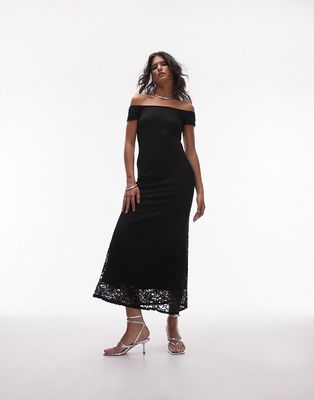 Topshop bardot lace maxi dress in black