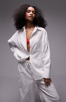Topshop Beach Cotton & Linen Button-Up Cover-Up Shirt in White