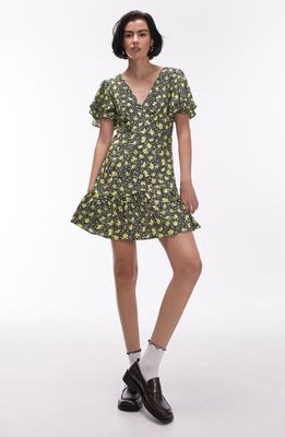 Topshop Bella Floral Flutter Sleeve Minidress in Yellow