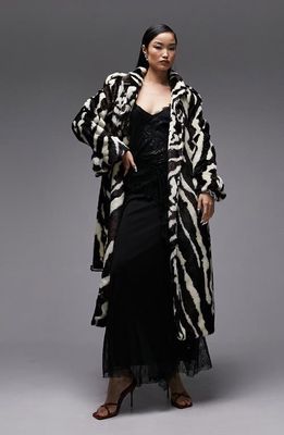 Topshop Belted Animal Print Faux Fur Longline Coat in White Multi