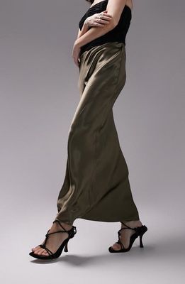 Topshop Bias Cut Satin Maxi Skirt in Khaki