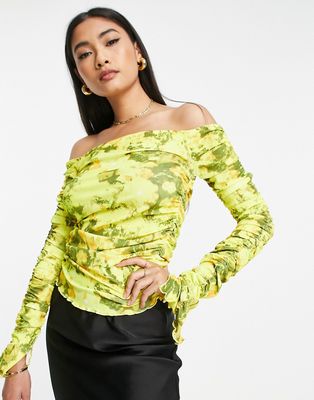 Topshop blurred floral mesh long sleeve frill off the shoulder top in yellow
