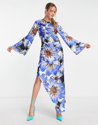 Topshop bold floral ruched long sleeve midi dress in cobalt-Blue