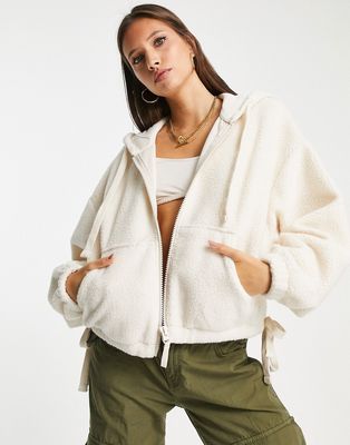 Topshop borg fleece zip thru hoodie in cream-Brown