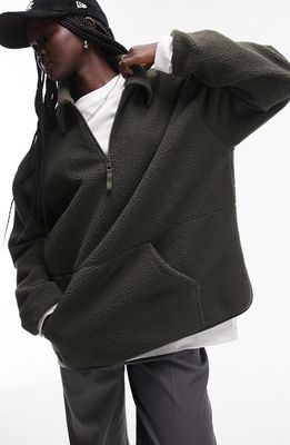 Topshop Borg Oversize Half Zip Textured Fleece Pullover in Dark Green