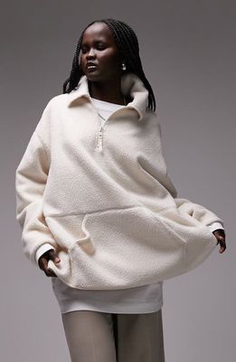 Topshop Borg Oversize Half Zip Textured Fleece Pullover in Light Pink