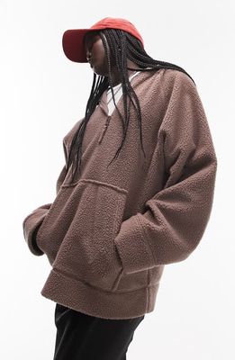 Topshop Borg Oversize Textured Fleece Hoodie in Tan