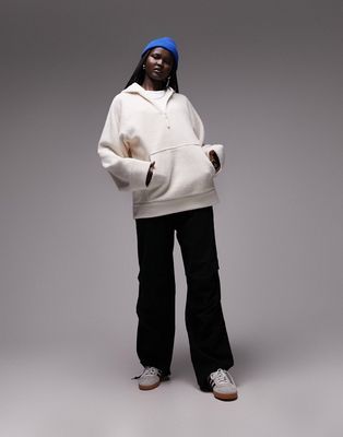 Topshop borg quarter zip fleece hoodie in ecru-White