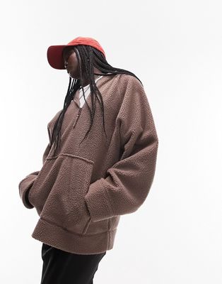 Topshop borg quarter zip fleece hoodie in mink-Brown
