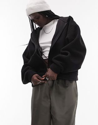 Topshop borg zip through cropped fleece hoodie in black