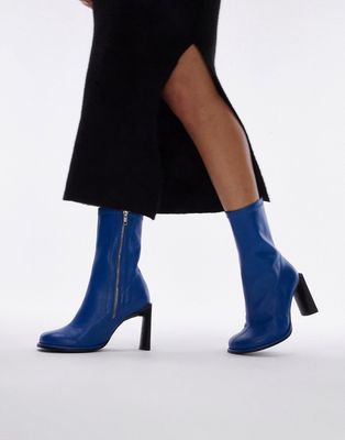 Topshop Bowie premium leather round toe heeled boots in blue
