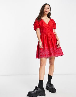 Topshop broderie wrap puff sleeve mini dress with contrast stitching in red - PINK