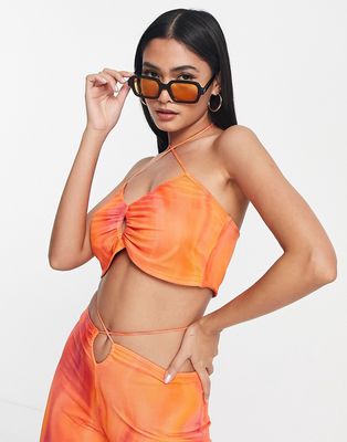 Topshop brushed mesh key hole tie bralette in orange and pink - part of a set-Multi