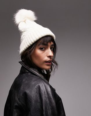 Topshop cable pom beanie in off white