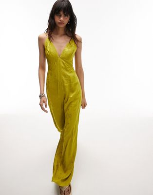 Topshop cami jacquard jumpsuit in chartreuse-Yellow