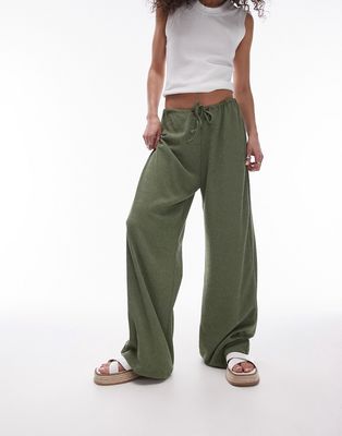 Topshop casual crinkle drawstring straight leg pants in khaki-Green