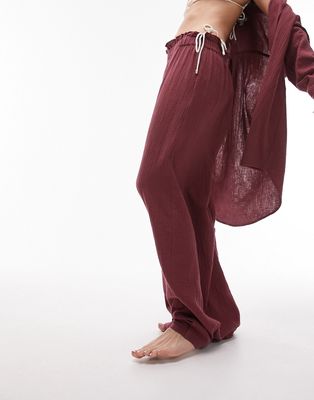 Topshop casual textured beach pants in burgundy - part of a set