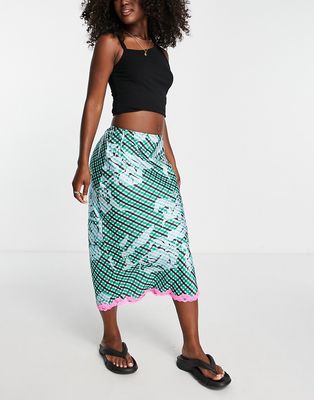 Topshop check satin bias midi skirt with lace trim in green