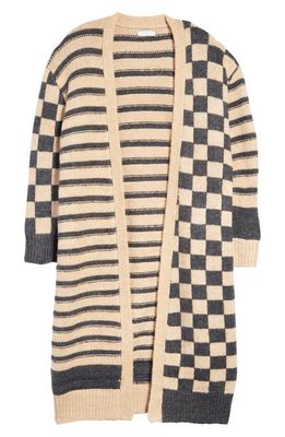 Topshop Checkerboard & Stripe Long Cardigan in Dark Beige