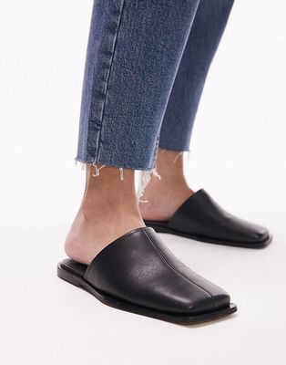 Topshop Cici leather square toe flat mules in black