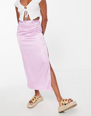 Topshop clean waist side split satin midi skirt in lilac-Purple