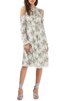 Topshop Cold Shoulder Floral Midi Dress in Cream Multi
