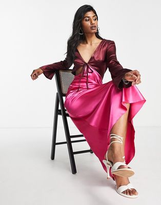 Topshop color block satin cut-out midi dress in pink and dark red