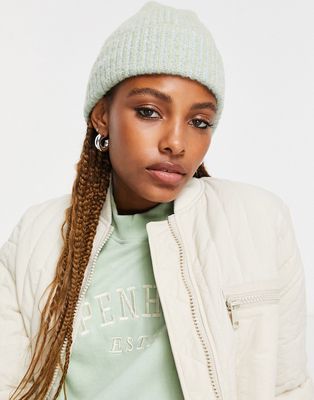 Topshop color ribbed beanie in pale aqua-Blue