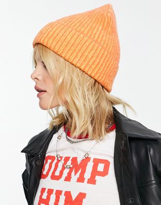 Topshop colour ribbed beanie in orange
