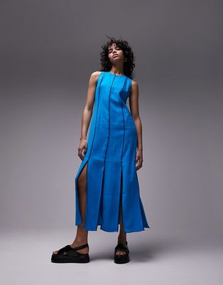 Topshop contrast stitch sleeveless midi dress with splits in blue