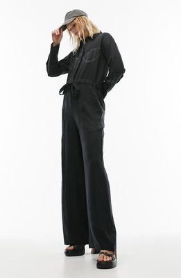 Topshop Contrast Topstitch Long Sleeve Jumpsuit in Black