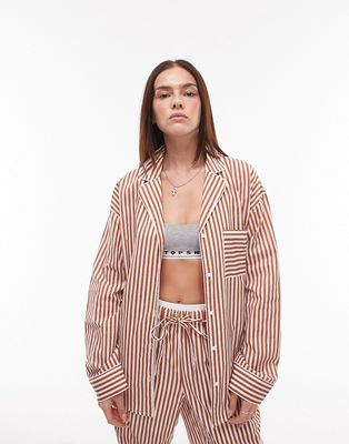 Topshop cotton stripe shirt and pants pajama set in rust-Red