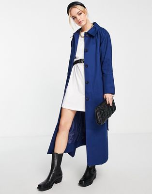 Topshop cotton trench coat with buttons in blue-Navy