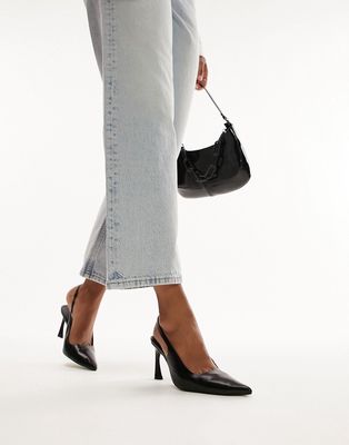 Topshop Coy premium leather sling back heeled pumps in black