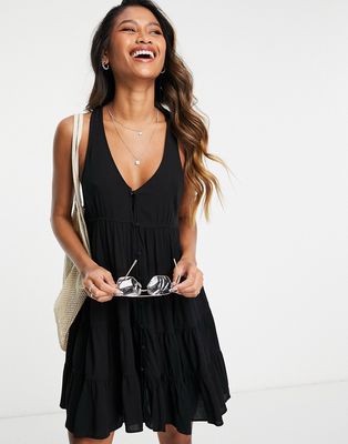 Topshop crinkle button through mini dress in black