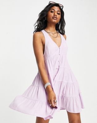 Topshop crinkle button through mini dress in lilac-Purple