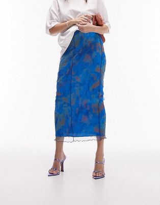 Topshop crinkle seamed abstracted print midi skirt in blue