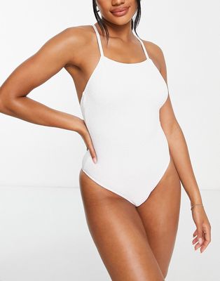 Topshop crinkle square neck high leg swimsuit in white